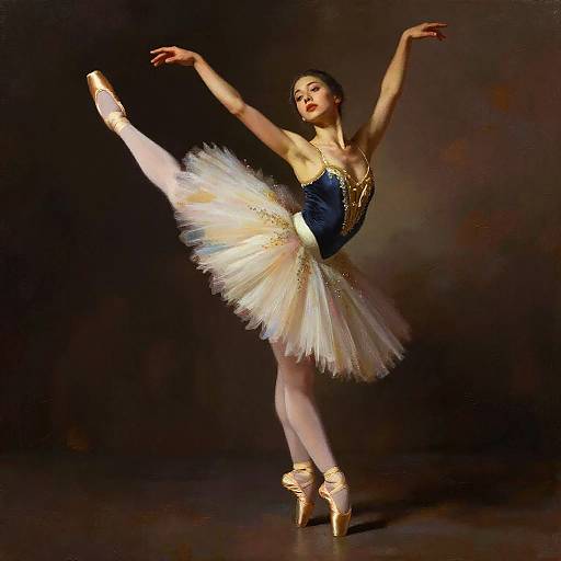 Photograph of a graceful ballet dancer in a navy blue bodice and white tulle tutu, balancing on pointe, with arms elegantly raised