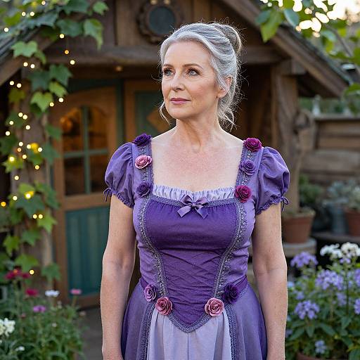 Photograph of a middle-aged woman with fair skin and gray hair in a purple, Victorian-style dress with rose accents, standing in front of a wooden