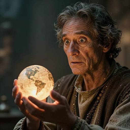 Photograph of an elderly, wizened man with gray, curly hair holding a glowing, textured, glass orb, illuminated against a dark, blurred