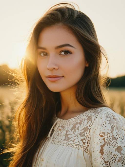 Young woman in white lace blouse during golden hour