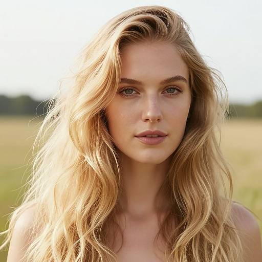 Photograph of a fair-skinned, blonde woman with wavy hair, blue eyes, and natural makeup, standing in a sunlit, grassy