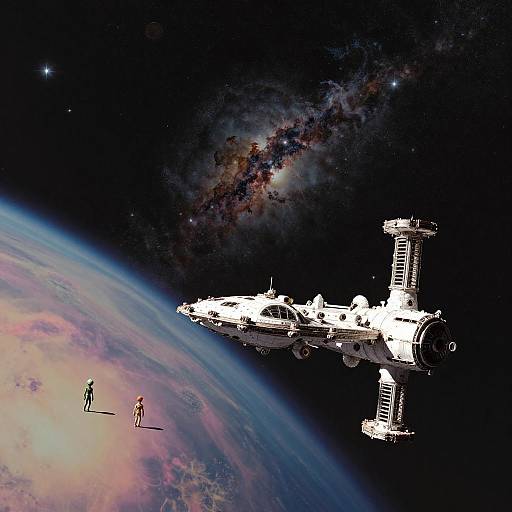 Retro-Futuristic Space Station with Alien Explorers