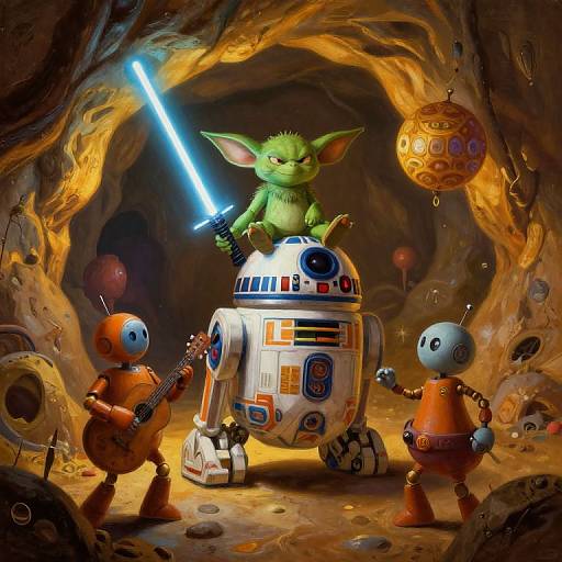 Digital art of green Yoda-like creature with lightsaber, white R2-D2, and two orange droid musicians in a dim, cave-like