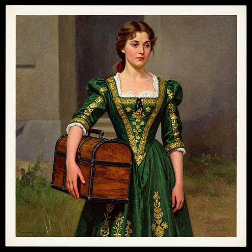 Digital painting of a young woman with fair skin and brown hair, wearing a green, embroidered Renaissance dress, holding a wooden chest, standing against a rustic