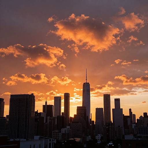 Photograph of a city skyline at sunset with silhouetted buildings against a vibrant orange and purple cloud-filled sky.