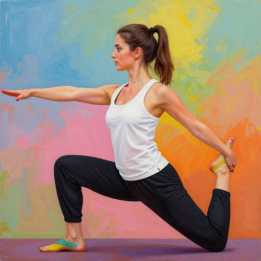 Photograph of a fit woman with brown hair in a ponytail, wearing a white tank top and black pants, performing a side stretch against a vibrant