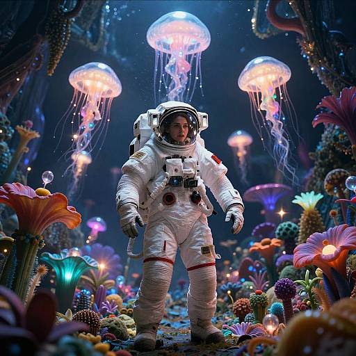 Ethereal Astronaut in Vibrant Alien World