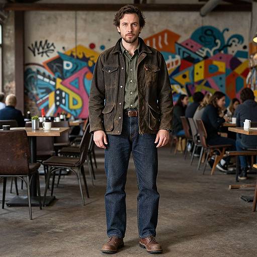 Photograph of a bearded man with curly hair, wearing a brown jacket, green shirt, and blue jeans, standing in a colorful, graffiti-de