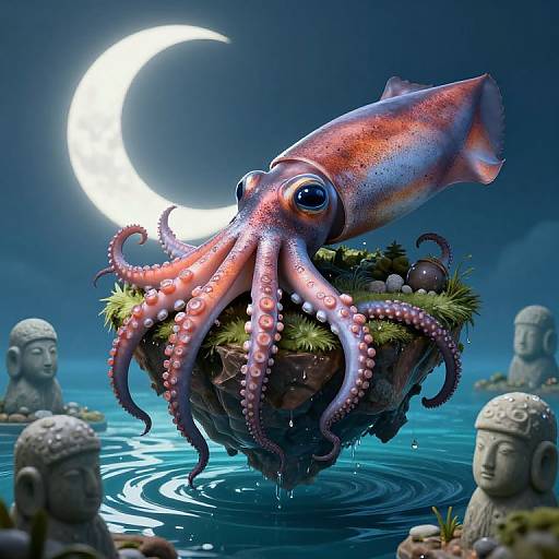 Digital artwork: Vibrant pink octopus with glistening tentacles on a floating grass island, moonlit night, serene blue water, stone Buddha statues