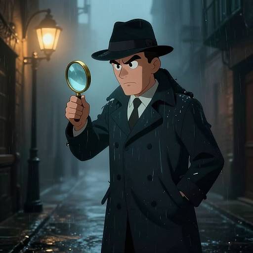 Digital illustration of a determined detective in a black coat, hat, and tie, holding a magnifying glass in rainy, foggy alley.