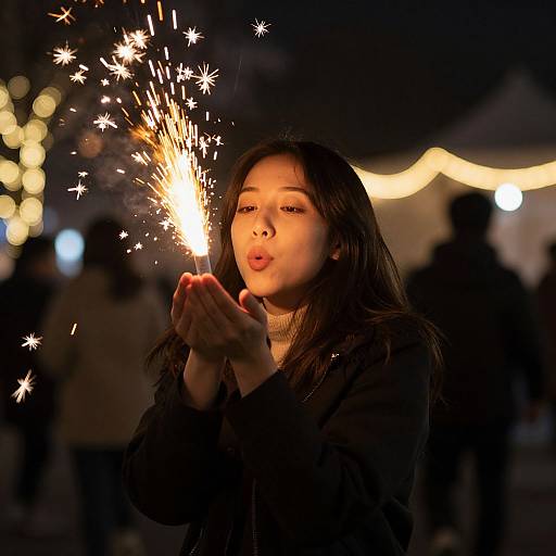 Photograph of an Asian woman with long black hair, blowing on a sparkler, glowing sparks around her face, wearing a dark coat, in a
