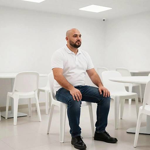 Photograph of a bald, bearded man with a medium build, wearing a white polo shirt, dark jeans, and black shoes, seated on a