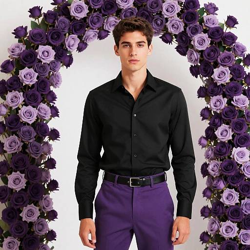 Photograph of a handsome young man with short brown hair, wearing a black shirt and purple pants, standing in front of a floral arch made of purple