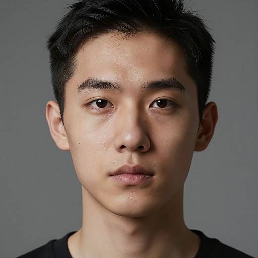Photograph of a young Asian man with short black hair, light skin, and brown eyes, wearing a black shirt, against a gray background.