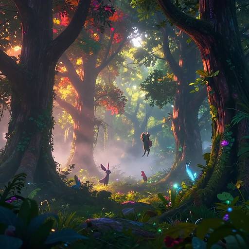 Magical forest scene in vibrant, colorful digital art. A fairy rides a tree branch, surrounded by glowing plants, luminescent lights, and sunlight