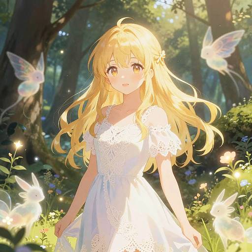 Anime-style digital illustration of a blonde girl with long hair in a white, lace-trimmed dress, surrounded by glowing butterflies in a sunlit forest