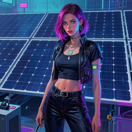 Cyberpunk-style digital artwork: Purple-haired woman with neon makeup, black crop top, leather jacket, and high-waisted pants, stands in