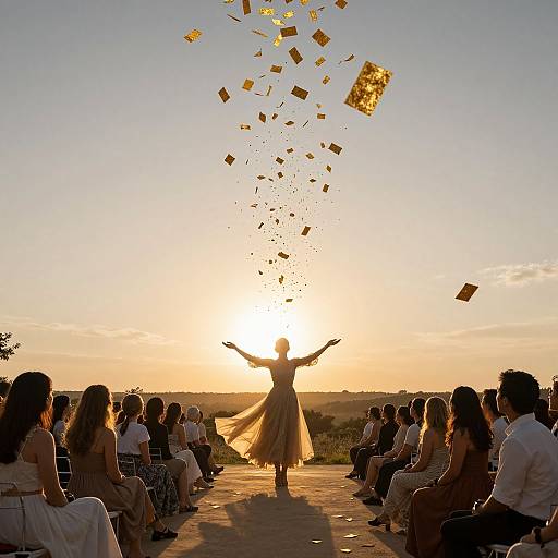 Photograph of a woman in a flowing dress, silhouette against sunset, arms raised, golden cards flying upward, audience seated in rows.