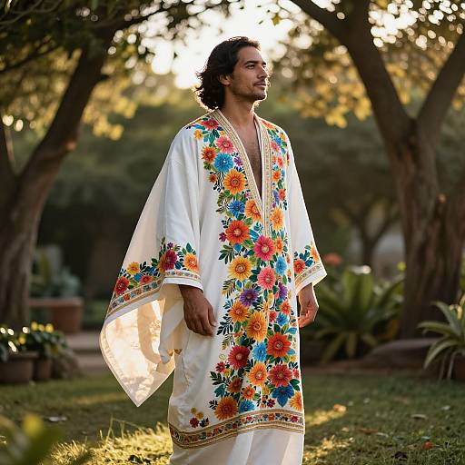 Man in Floral Robe at Golden Hour