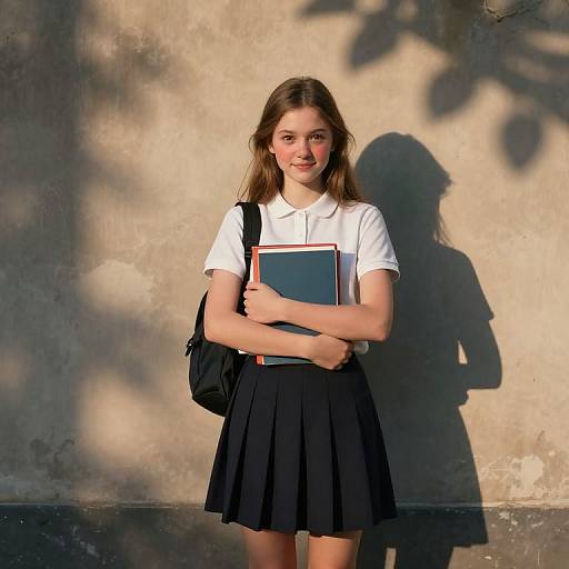 Photograph of a young woman with light brown hair, wearing a white polo shirt, black pleated skirt, and black backpack, holding a blue notebook