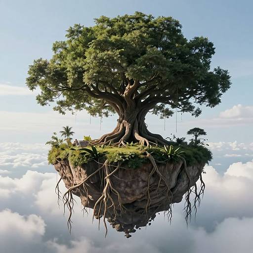 Floating island with large, ancient tree, roots dangling, surrounded by clouds; digital CGI artwork showcasing surreal, nature-inspired fantasy.