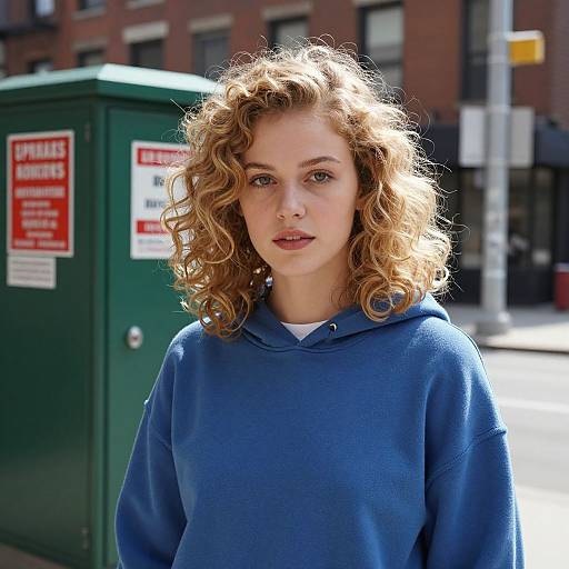 Photograph of a young woman with curly blonde hair, wearing a blue hoodie, standing on a sunny urban street with a green utility box and brick buildings