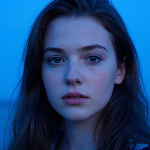 Photograph of a young woman with fair skin, blue eyes, and long brown hair, illuminated by a blue light, with a focused, neutral expression