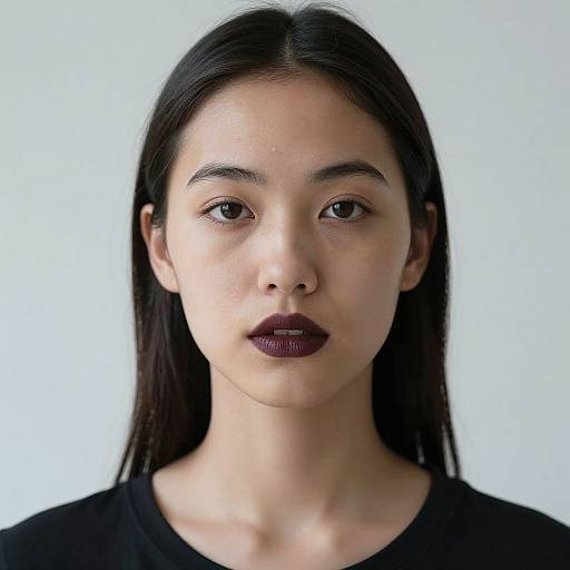 Photograph of a young Asian woman with long black hair, fair skin, dark maroon lipstick, and black top, against a white background.
