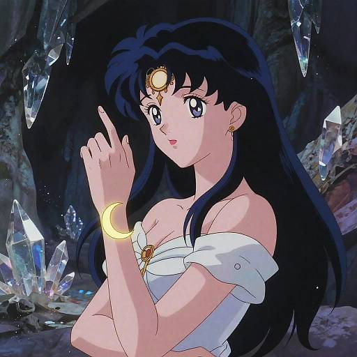 Anime-style digital drawing of a blue-eyed, black-haired magical girl with a crescent moon bracelet, white off-shoulder dress, and crystal-filled