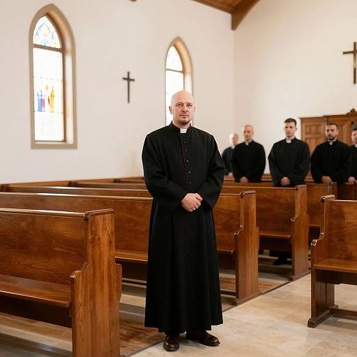 Bald Priest in Bright Church Aisle
