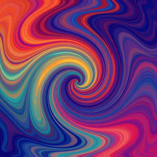 Vibrant abstract swirl of colorful waves in red, orange, yellow, green, blue, and purple, creating a hypnotic, psychedelic pattern.