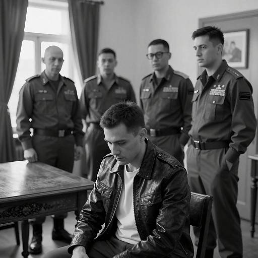 Intense Gathering: Men in Military and Casual Attire