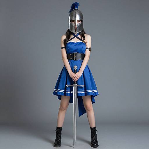 Photograph of a woman in a blue dress and metallic helmet, holding a sword, standing against a gray background.