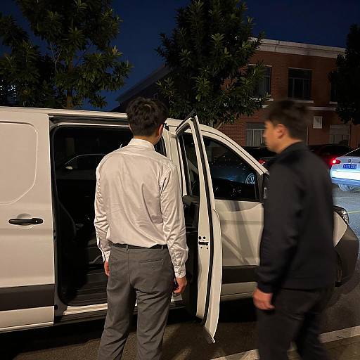 Two men by white van at night