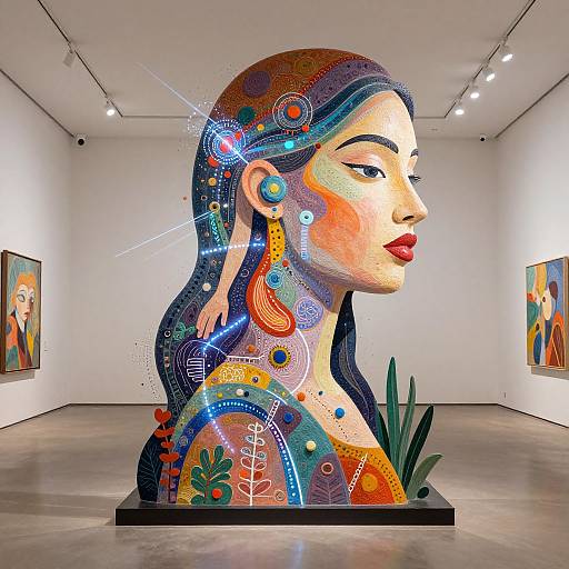 Vibrant, mosaic-style portrait of a woman with long blue-black hair, colorful patterns, and red lips, displayed in a modern art gallery.