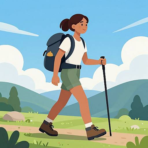 Cartoon illustration of a smiling woman with brown hair in a bun, white shirt, green shorts, brown boots, and a blue backpack, walking with