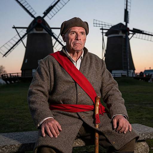 Photograph of an older man in a gray coat with red sash, brown cap, sitting on a stone, windmill backdrop at sunset.