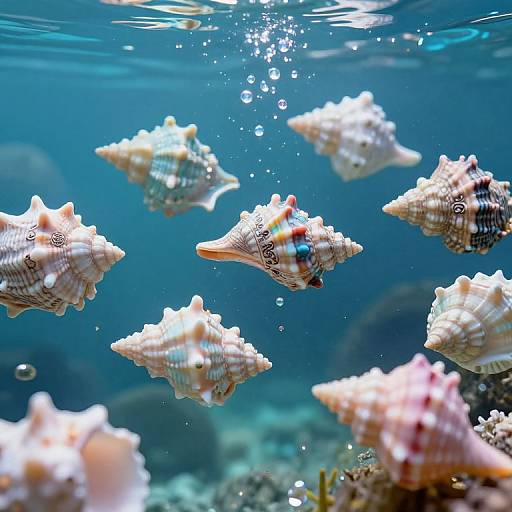 Photograph of colorful, spiky coneshell sea creatures swimming underwater with bubbles, surrounded by a blue ocean background and coral reef.