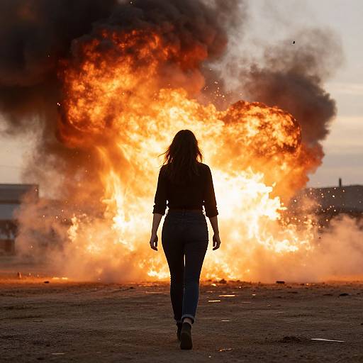 Silhouetted woman with long hair walks towards massive, fiery explosion with thick black smoke, set against a barren, industrial background.