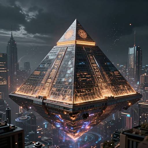 Digital art of a glowing, triangular skyscraper with neon lights hovering above a futuristic cityscape at night, surrounded by dark, tall buildings.