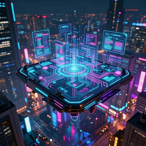 Neon-lit, floating holographic control panel with glowing blue and purple screens above a vibrant, futuristic cityscape at night. (Digital art)