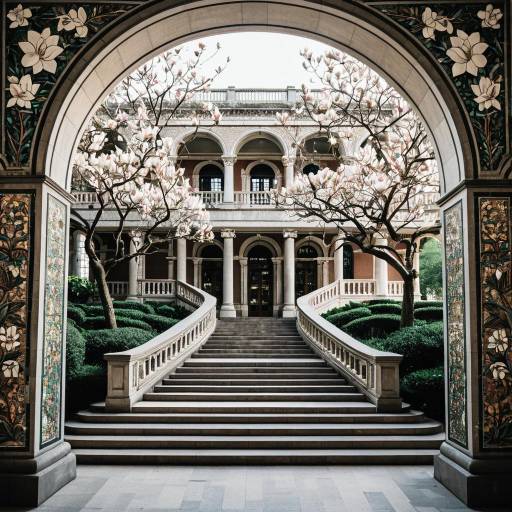 Grand Archway Entrance with Magnolia Trees and Staircase