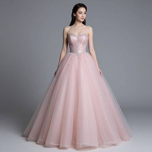 Photograph of a young woman with long black hair in a strapless, pink, sparkling sweetheart-neck ball gown with a voluminous tulle skirt,