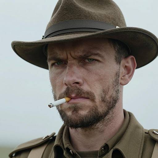 Determined Bearded Man in Military Uniform