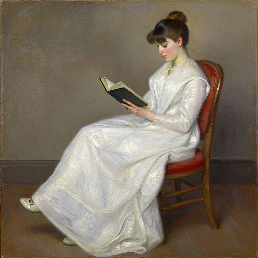 Classical oil painting of a fair-skinned woman with brown hair in an updo, wearing a white, long-sleeved, Victorian dress,