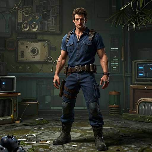 Digital artwork of a muscular, serious-looking man in a blue, short-sleeve, tactical jumpsuit with a belt holster, standing in a dark