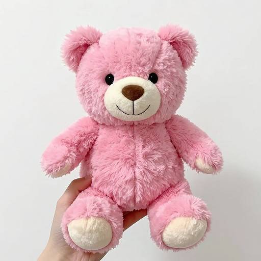 Photograph of a fluffy pink teddy bear with black eyes, brown nose, and beige paws, held by a hand against a plain white background