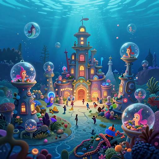 Vibrant underwater fantasy scene with glowing castle, floating bubbles, colorful fish, and playful characters. Bright lights, whimsical, and magical. Digital