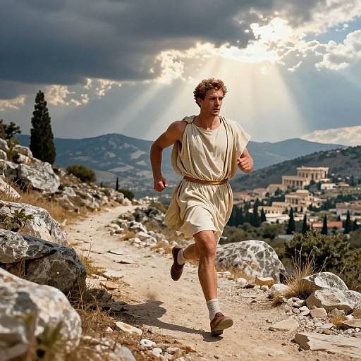 Photograph of a curly-haired, athletic man in ancient Roman attire running on a rocky, sunlit hillside with a cityscape and dramatic clouds in