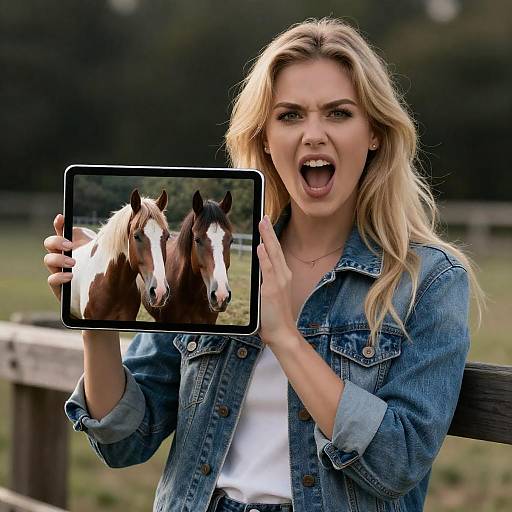 Blonde Woman with Horses on Tablet